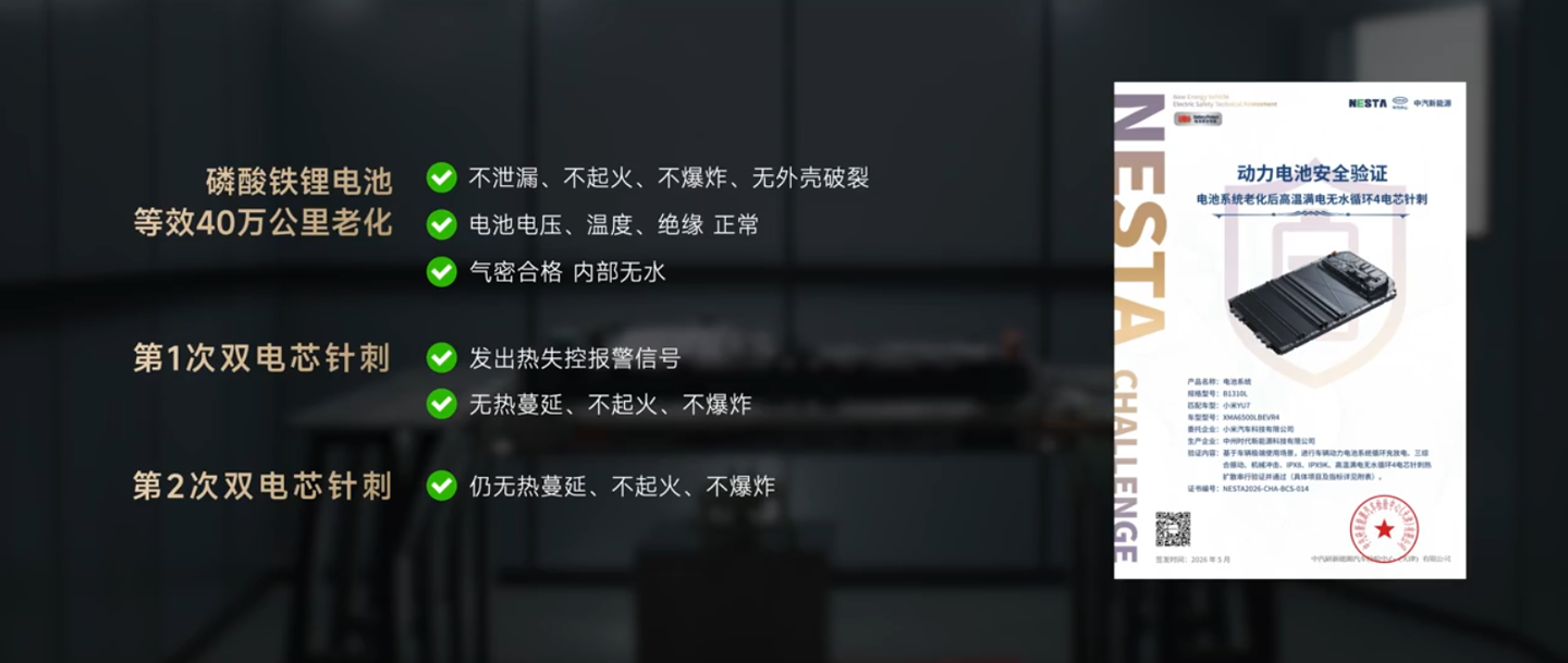 雷军:小米汽车电池安全测试项目多达 1230 项,采用行业极为严苛测试标准