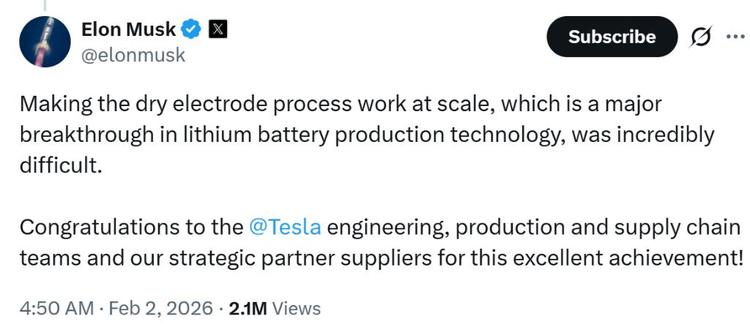 锂电池重大突破!马斯克:特斯拉实现干电极电池规模化生产