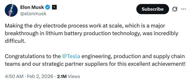 锂电池重大突破！马斯克：特斯拉实现干电极电池规模化生产